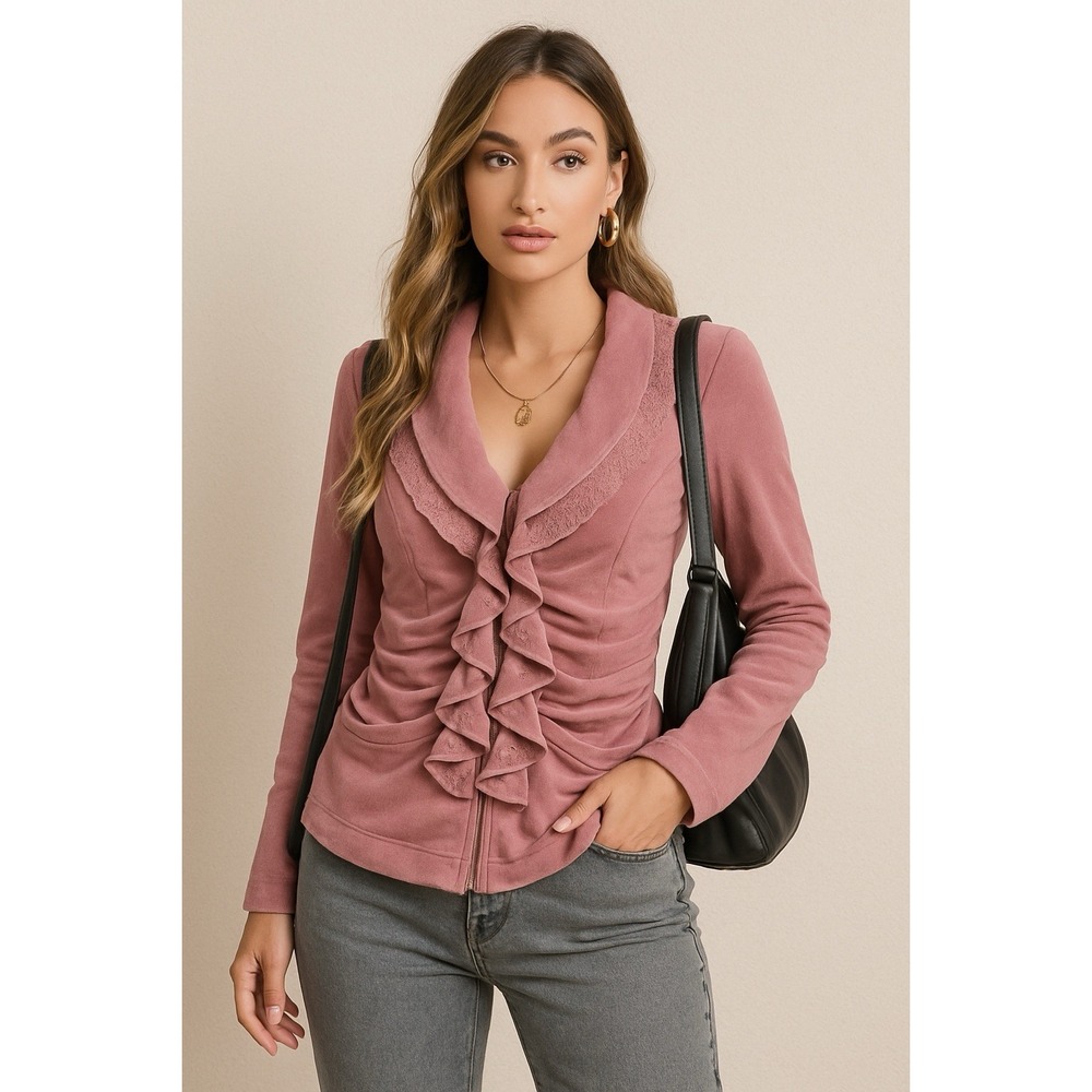 Y2K Pink Ruffle Lace Velour Zip Up Size‎ Small Coquette Dollcore Softgirl